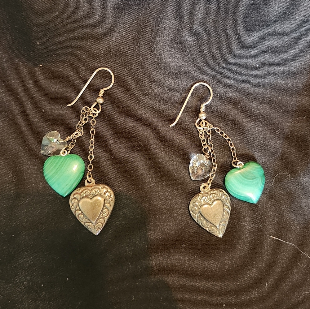 Heart Charm Dangle Earrings - Green and Silver